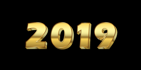 Happy New Year background. Gold 3D number 2019 isolated on black. Bright golden design for greeting card, Christmas banner, holiday celebration, decoration poster, calendar Vector illustrationのイラスト素材