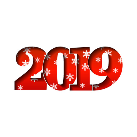 Happy new year card. Red 3D number 2019 with snowflakes texture, isolated white background. Bright graphic design holiday celebration, greeting text, Christmas banner decoration Vector illustrationのイラスト素材