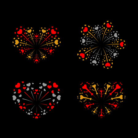 Beautiful heart-fireworks set. Bright romantic salute isolated on black background. Love decoration flat firework. Symbol of Valentine Day celebration, holiday, wedding Vector illustrationのイラスト素材