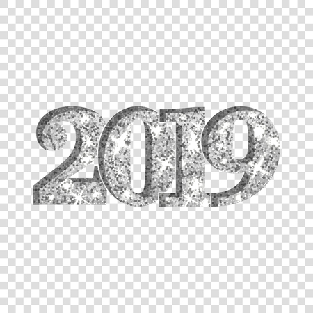 Happy New Year silver number 2019. Silvery glitter digits isolated white transparent background. Shiny glowing design. Light sparkle Christmas celebration, greeting card, holiday Vector illustrationのイラスト素材