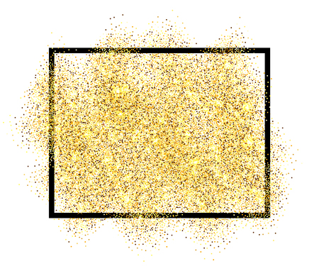Gold glitter sand in black frame isolated white background. Golden texture confetti, sequins, dust spray. Bright pattern design New Year decoration, Christmas holiday celebration Vector illuetrationのイラスト素材