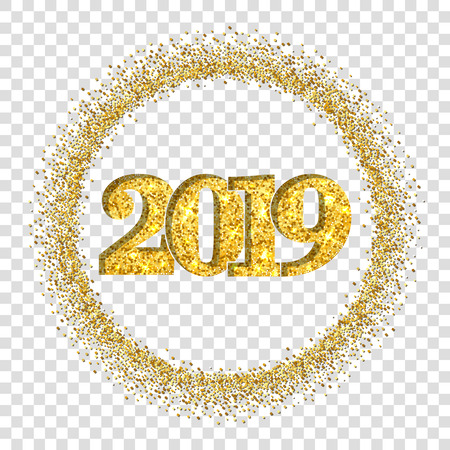Happy New Year shiny gold number 2019, circle frame. Golden glitter border isolated white transparent background. Shiny design, light sparkle Christmas celebration, greeting card Vector illustrationのイラスト素材