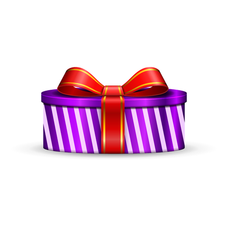 Gift box 3d, red ribbon bow Isolated white background. Decoration present purple gift-box for Happy holiday, birthday, Valentine celebration, Christmas surprise. Giftbox design Vector illustrationのイラスト素材
