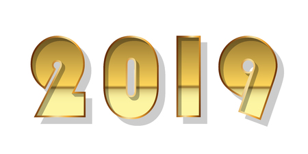 Happy New Year background. Gold 3D number 2019 isolated on white. Bright golden design for greeting card, Christmas banner, holiday celebration, decoration poster, calendar Vector illustrationのイラスト素材