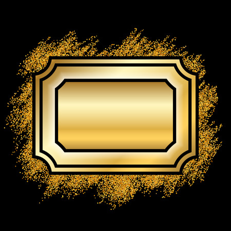 Gold frame. Beautiful golden glitter design. Vintage style decorative border, isolated black background. Deco elegant luxury framework for decoration, photo, Christmas banner Vector illustrationのイラスト素材