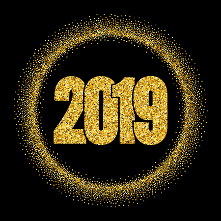 Happy New Year shiny gold number in circle frame. Golden glitter border isolated on black background. Shiny glowing design, light sparkle for Christmas celebration, greeting card Vector illustrationのイラスト素材