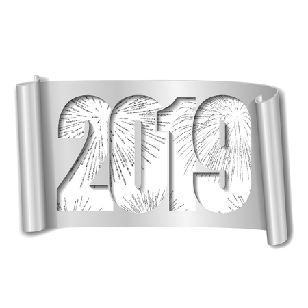 Happy new year card. White number 2019, silver firework. 3D scroll isolated white background. Gray ribbon handscroll. Curved frame ribbon border Design decoration. Christmas banner Vector illustrationのイラスト素材