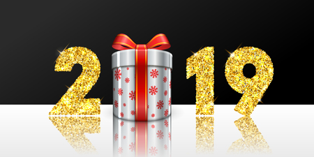 Happy New year card. 3D gift box, ribbon bow, gold number 2019 isolated white-black background. Golden texture Christmas glitter design. Holiday celebration, decoration, greeting Vector illustrationのイラスト素材