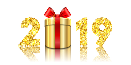 Happy New year card. 3D gift box, ribbon bow, gold number 2019 isolated white background. Golden texture Christmas glitter design. Holiday celebration, decoration, greeting banner Vector illustrationのイラスト素材
