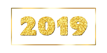 Happy New year card. Gold number 2019 in frame, isolated white background. Golden texture Christmas glitter design. Holiday celebration, decoration, greeting banner Vector illustrationのイラスト素材