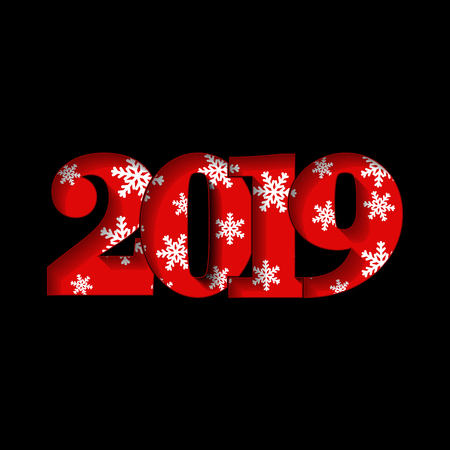 Happy new year card. Red 3D number 2019 with white snowflakes texture, isolated black background. Bright graphic design holiday celebration, greeting text, Christmas decoration Vector illustrationのイラスト素材