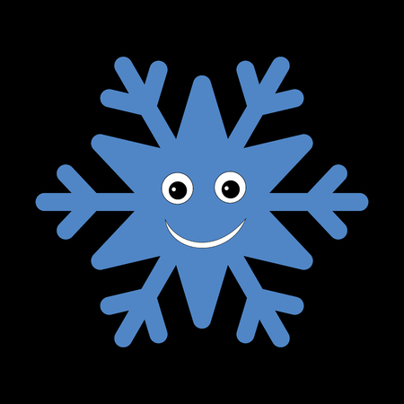 Snowflake smiley baby face. Cute winter blue snow flake, smile, isolated black background. Happy fun character, kid emoticon. Drawing cartoon doodle. Holiday child decoration Vector illustrationのイラスト素材