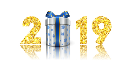 Happy New year card. 3D gift box, ribbon bow, gold number 2019 isolated white background. Golden texture Christmas glitter design. Holiday celebration, decoration, greeting banner Vector illustrationのイラスト素材