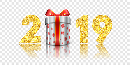 Happy New year card. 3D gift box, ribbon bow, gold number 2019 isolated white transparent background. Golden texture Christmas design. Holiday celebration, decoration, banner Vector illustrationのイラスト素材