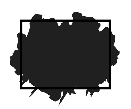 Brush paint stroke. Grunge stain ink in frame isolated on white background. Black splash element. Graphic texture for banner, abstract border, artistic drawing Vector illustrationのイラスト素材