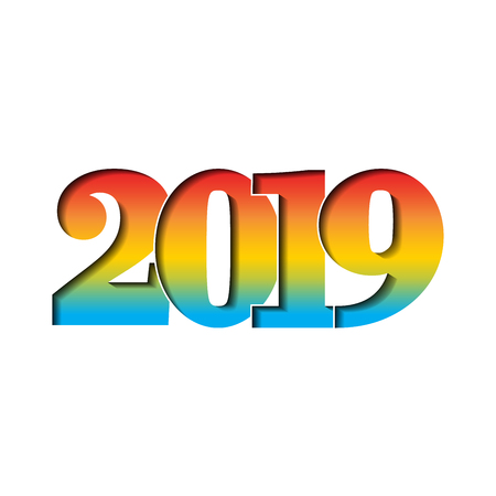 Happy new year card. 3D number 2019 with rainbow gradient texture, isolated white background. Bright graphic design holiday celebration, greeting text, Christmas banner decoration Vector illustrationのイラスト素材