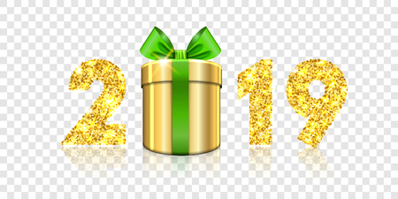 Happy New year card. 3D gift box, ribbon bow, gold number 2019 isolated white transparent background. Golden texture Christmas design. Holiday celebration, decoration, banner Vector illustrationのイラスト素材