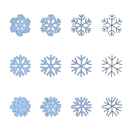 Snowflakes signs set. Blue Snowflake icons isolated on white background. Snow flake silhouettes. Symbol of snow, holiday, cold weather, frost. Winter design element Vector illustrationのイラスト素材