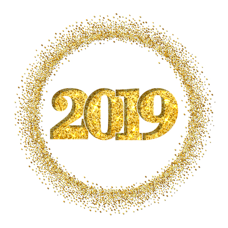 Happy New Year shiny gold number 2019, circle frame. Golden glitter border isolated on white background. Shiny glowing design, light sparkle Christmas celebration, greeting card Vector illustrationのイラスト素材