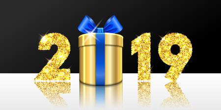 Happy New year card. 3D gift box, ribbon bow, gold number 2019 isolated white-black background. Golden texture Christmas glitter design. Holiday celebration, decoration, greeting Vector illustrationのイラスト素材