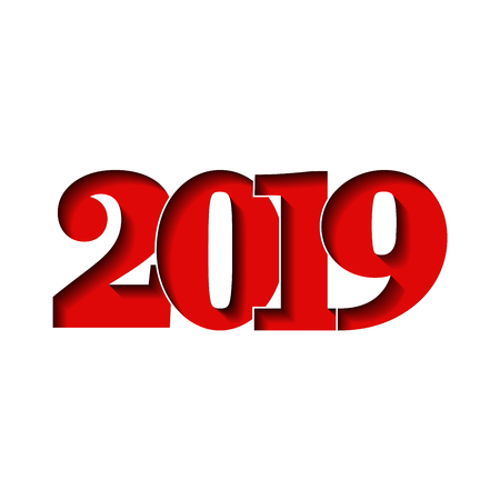 Happy new year card. Red 3D number 2019, isolated on white background. Bright graphic design holiday celebration, greeting text, Christmas banner decoration Vector illustrationのイラスト素材