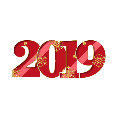 Happy new year card. Red number 2019 with gold snowflakes, isolated white background. Golden texture. Bright design for holiday celebration, greeting text, Christmas banner Vector illustrationのイラスト素材