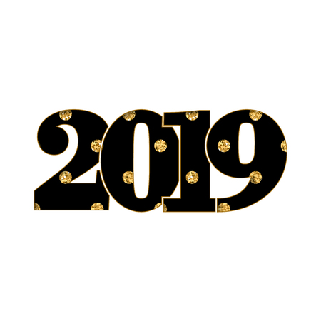 Happy new year card. Black number 2019, gold polka dot texture, isolated white background. Bright graphic design holiday celebration, greeting, Christmas banner decoration Vector illustrationのイラスト素材