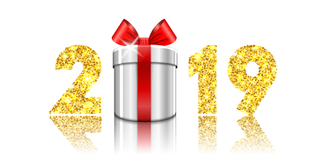 Happy New year card. 3D gift box, ribbon bow, gold number 2019 isolated white background. Golden texture Christmas glitter design. Holiday celebration, decoration, greeting banner Vector illustrationのイラスト素材