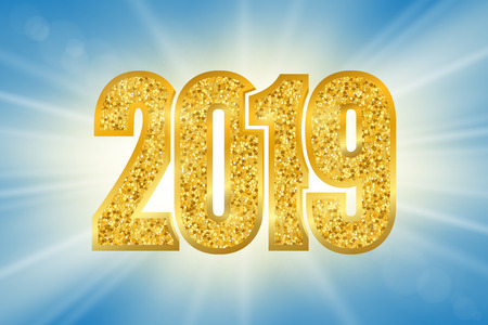 Happy New Year shiny gold number 2019. Golden glitter digits on sun rays bokeh background. Shiny glowing design, light sparkle for Christmas celebration, greeting card, poster Vector illustrationのイラスト素材