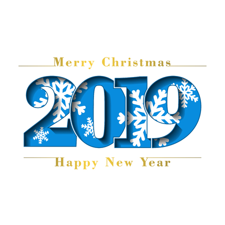 Happy new year Merry Christmas card. Blue number 2019 with snowflakes, isolated white background. Gold texture. Bright golden design for holiday celebration, greeting text, banner Vector illustrationのイラスト素材