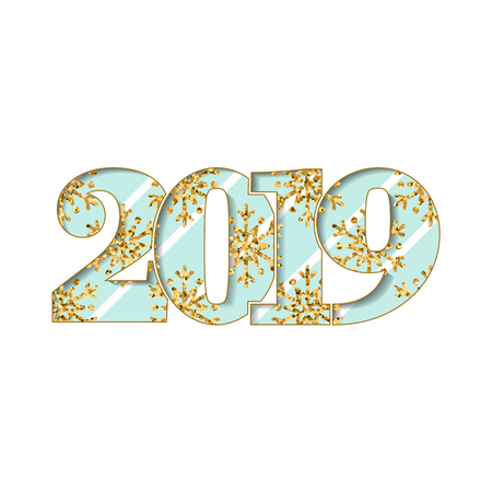 Happy new year card. Blue number 2019 with gold snowflakes, isolated white background. Golden texture. Bright design for holiday celebration, greeting text, Christmas banner Vector illustrationのイラスト素材