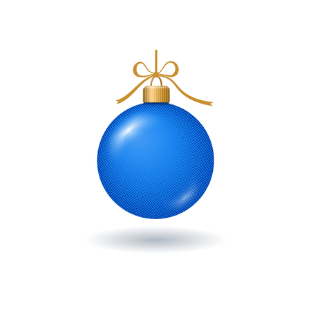 Christmas tree ball with ribbon bow. Blue bauble decoration, isolated on white background. Symbol of Happy New Year, Xmas holiday celebration, winter. Flat design for card Vector illustrationのイラスト素材