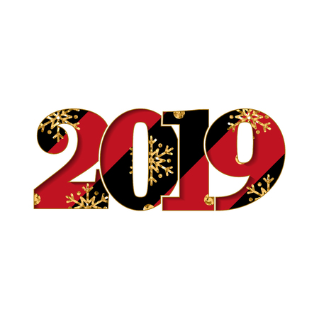 Happy new year card. Black red number 2019 with gold snowflakes, isolated white background. Golden texture. Bright design for holiday celebration, greeting text, Christmas banner Vector illustrationのイラスト素材