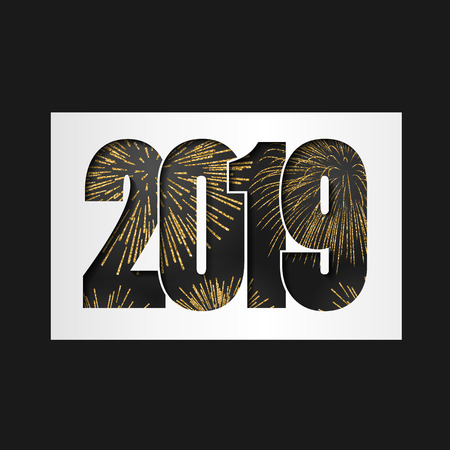 Happy new year card. Black number 2019 with gold sparkles, isolated white background. Golden firework. Bright design for holiday celebration, greeting text, Christmas banner Vector illustrationのイラスト素材