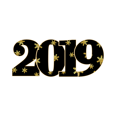 Happy new year card. Black number 2019, gold snowflake texture, isolated white background. Bright graphic design holiday celebration, greeting, Christmas banner decoration Vector illustrationのイラスト素材