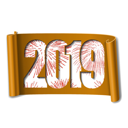 Happy new year card. White number 2019, red firework. 3D scroll isolated white background. Orange ribbon handscroll. Curved frame ribbon border Design decoration. Christmas banner Vector illustrationのイラスト素材