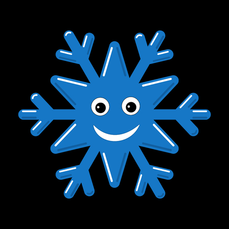 Snowflake smiley baby face. Cute winter blue snow flake, smile, isolated black background. Happy fun character, kid emoticon. Drawing cartoon doodle. Holiday child decoration Vector illustrationのイラスト素材