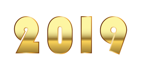 Happy New Year background. Gold 3D number 2019 isolated on white. Bright golden design for greeting card, Christmas banner, holiday celebration, decoration poster, calendar Vector illustrationのイラスト素材
