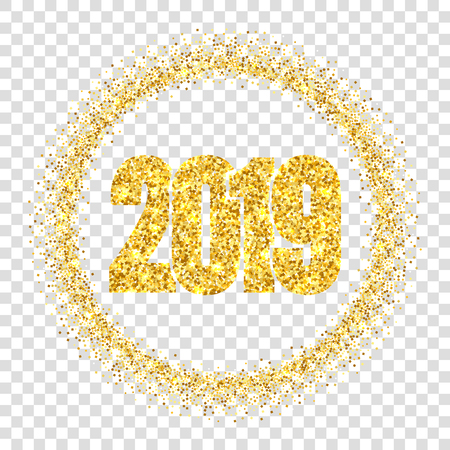 Happy New Year shiny gold number 2019, circle frame. Golden glitter border isolated on white background. Shiny glowing design, light sparkle Christmas celebration, greeting card Vector illustrationのイラスト素材