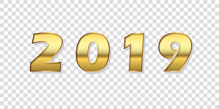 Happy New Year background. Gold 3D number 2019 isolated white transparent. Bright golden design greeting card, Christmas banner, holiday celebration, decoration poster, calendar Vector illustrationのイラスト素材
