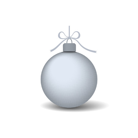 Christmas tree ball with ribbon bow. Silver bauble decoration, isolated on white background. Symbol of Happy New Year, Xmas holiday celebration, winter. Flat design for card Vector illustrationのイラスト素材