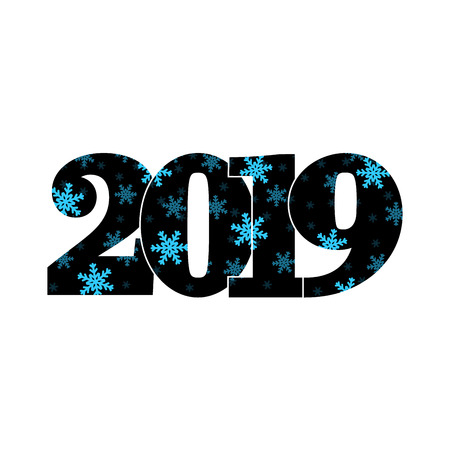 Happy new year card. Black number 2019, blue snowflake texture, isolated white background. Bright graphic design holiday celebration, greeting, Christmas banner decoration Vector illustrationのイラスト素材