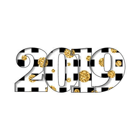 Happy new year card. Black white number 2019, gold hearts square texture, isolated background. Bright graphic design holiday celebration, greeting, Christmas banner decoration Vector illustrationのイラスト素材