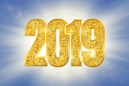 Happy New Year shiny gold number 2019. Golden glitter digits on sun rays bokeh background. Shiny glowing design, light sparkle for Christmas celebration, greeting card, poster Vector illustrationのイラスト素材