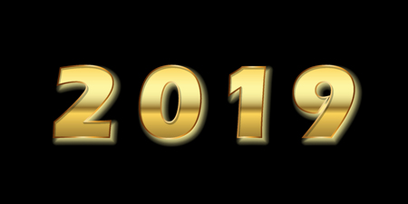 Happy New Year background. Gold 3D number 2019 isolated on black. Bright golden design for greeting card, Christmas banner, holiday celebration, decoration poster, calendar Vector illustrationのイラスト素材