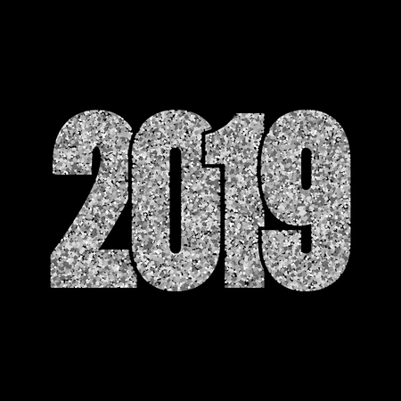 Happy New Year silver number 2019. Silvery glitter digits isolated on black background. Shiny glowing design. Light sparkle Christmas celebration, greeting card, holiday poster Vector illustrationのイラスト素材