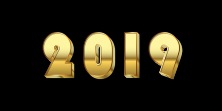 Happy New Year background. Gold 3D number 2019 isolated on black. Bright golden design for greeting card, Christmas banner, holiday celebration, decoration poster, calendar Vector illustrationのイラスト素材