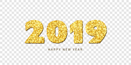 Happy New year card. Gold number 2019 with text, isolated white transparent background. Golden texture Christmas glitter design. Holiday celebration, decoration, greeting banner Vector illustrationのイラスト素材