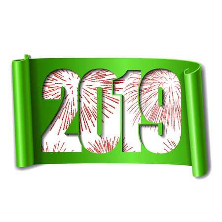 Happy new year card. White number 2019, red firework. 3D scroll isolated white background. Green ribbon handscroll. Curved frame ribbon border Design decoration. Christmas banner Vector illustrationのイラスト素材