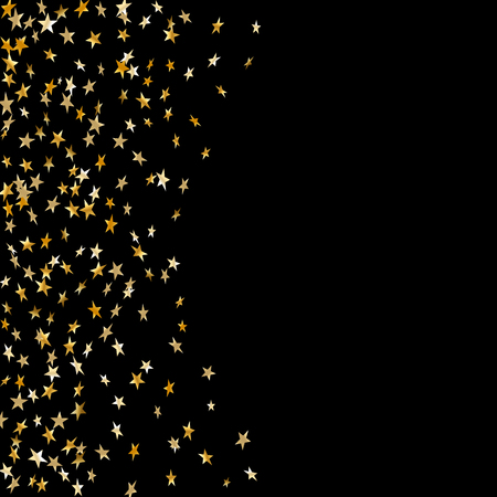 Gold stars falling confetti isolated on black background. Golden abstract random pattern Christmas card, New Year holiday. Shiny confetti paper stars. Glitter explosion Vector illustrationのイラスト素材